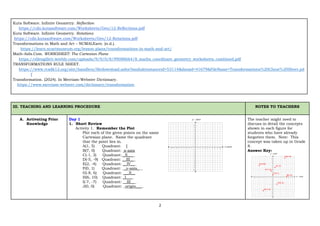 2
Kuta Software. Infinite Geometry. Reflection
https://cdn.kutasoftware.com/Worksheets/Geo/12-Reflections.pdf
Kuta Software. Infinite Geometry. Rotations
https://cdn.kutasoftware.com/Worksheets/Geo/12-Rotations.pdf
Transformations in Math and Art – NCMALEarn. (n.d.).
https://learn.ncartmuseum.org/lesson-plans/transformations-in-math-and-art/
Math-Aids.Com. WORKSHEET: The Cartesian Plane
https://ellengillett.weebly.com/uploads/9/9/0/8/99088664/8_maths_coordinate_geometry_worksheets_combined.pdf
TRANSFORMATIONS RULE SHEET.
https://www.rcsdk12.org/site/handlers/filedownload.ashx?moduleinstanceid=53114&dataid=41679&FileName=Transformations%20Cheat%20Sheet.pd
f
Transformation. (2024). In Merriam-Webster Dictionary.
https://www.merriam-webster.com/dictionary/transformation
III. TEACHING AND LEARNING PROCEDURE NOTES TO TEACHERS
A. Activating Prior
Knowledge
Day 1
1. Short Review
Activity 1. Remember the Plot
Plot each of the given points on the same
Cartesian plane. Name the quadrant
that the point lies in.
A(1, 5) Quadrant: I
B(7, 0) Quadrant: x-axis
C(-1, 3) Quadrant: _II____
D(-5, -9) Quadrant: __III___
E(2, -4) Quadrant: __IV___
F(0, 1) Quadrant: __y-axis___
G(-8, 6) Quadrant: ___II__
H(6, 10) Quadrant: _I____
I(-7, -7) Quadrant: __III___
J(0, 0) Quadrant: _origin____
The teacher might need to
discuss in detail the concepts
shown in each figure for
students who have already
forgotten them. Note: This
concept was taken up in Grade
8.
Answer Key:
 