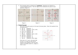 4
4. The Cartesian plane is divided into 4 quadrants. Quadrants are labeled in a
counterclockwise manner. Note the signs of the coordinates of a point in each
quadrant. (Figure 3)
Figure 1 Figure 2 Figure 3
2. Worked Example
Plot each of the given points on the same Cartesian plane. Name the quadrant that
the point lies in.
a. A(1, 5) Quadrant: I
b. B(7, 0) Quadrant: none, x-axis
c. C(-1, 3) Quadrant: II
d. D(-5, -9) Quadrant: III
e. E(2, -4) Quadrant: IV
f. F(0, 1) Quadrant: none, y-axis
g. G(-8, 6) Quadrant: II
h. H(6, 10) Quadrant: I
i. I(-7, -7) Quadrant: III
j. J(0, 0) Quadrant: none, origin
Note that in b, f, and j, the points fall
on the x- or y-axis, so, they do not
belong to any quadrant, name the axis
itself or its specific name (i.e., origin), if
there is any.
 