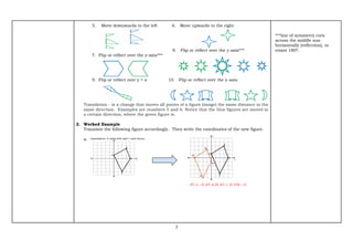 7
5. Move downwards to the left 6. Move upwards to the right
8. Flip or reflect over the y-axis***
7. Flip or reflect over the y-axis***
9. Flip or reflect over y = x 10. Flip or reflect over the y-axis
Translation - is a change that moves all points of a figure (image) the same distance in the
same direction. Examples are numbers 5 and 6. Notice that the blue figures are moved in
a certain direction, where the green figure is.
2. Worked Example
Translate the following figure accordingly. Then write the coordinates of the new figure.
a.
***line of symmetry cuts
across the middle sun
horizontally (reflection), or
rotate 1800.
 