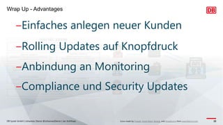 Wrap Up - Advantages
DB Systel GmbH | Johannes Dienst @JohannesDienst | Jan Kohlhaas 22
Icons made by Freepik, Good Ware, Sprang and Smashicons from www.flaticon.com
‒Einfaches anlegen neuer Kunden
‒Rolling Updates auf Knopfdruck
‒Anbindung an Monitoring
‒Compliance und Security Updates
 