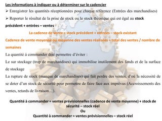 Les informations à indiquer ou à déterminer sur le cadencier
 Enregistrer les quantités réceptionnées pour chaque référence (Entrées des marchandises)
 Reporter le résultat de la prise de stock ou le stock théorique qui est égal au stock
précédent + entrées – ventes
La cadence de vente = stock précédent + entrées – stock existant
Cadence de vente moyenne ou moyenne des ventes réalisées = total des ventes / nombre de
semaines
La quantité à commander doit permettre d’éviter :
Le sur stockage (trop de marchandises) qui immobilise inutilement des fonds et de la surface
de stockage
La rupture de stock (manque de marchandises) qui fait perdre des ventes, d’où la nécessité de
se doter d’un stock de sécurité pour permettre de faire face aux imprévus (Accroissements des
ventes, retards de livraison…).
Quantité à commander = ventes prévisionnelles (cadence de vente moyenne) + stock de
sécurité – stock réel
Ou
Quantité à commander = ventes prévisionnelles – stock réel
 