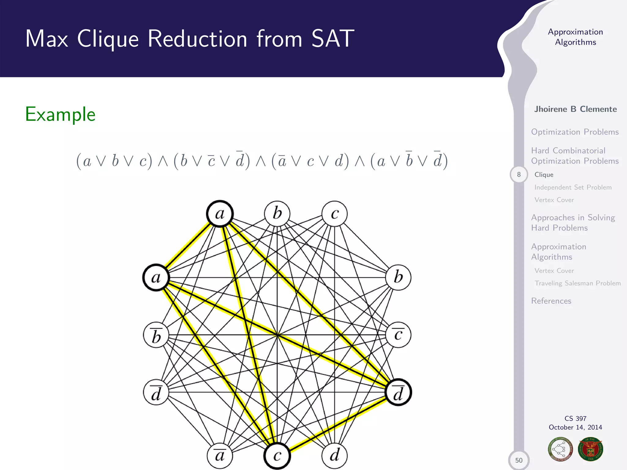 50 Approximation Algorithms Jhoirene B Clemente Optimization Problems Hard Combinatorial Optimization Problems 8 Clique Independent Set Problem Vertex Cover Approaches in Solving Hard Problems Approximation Algorithms Vertex Cover Traveling Salesman Problem References CS 397 October 14, 2014 Max Clique Reduction from SAT Example (a _ b _ c) ^ (b _ ¯c _ ¯d) ^ (¯a _ c _ d) ^ (a _¯b _ ¯d) 