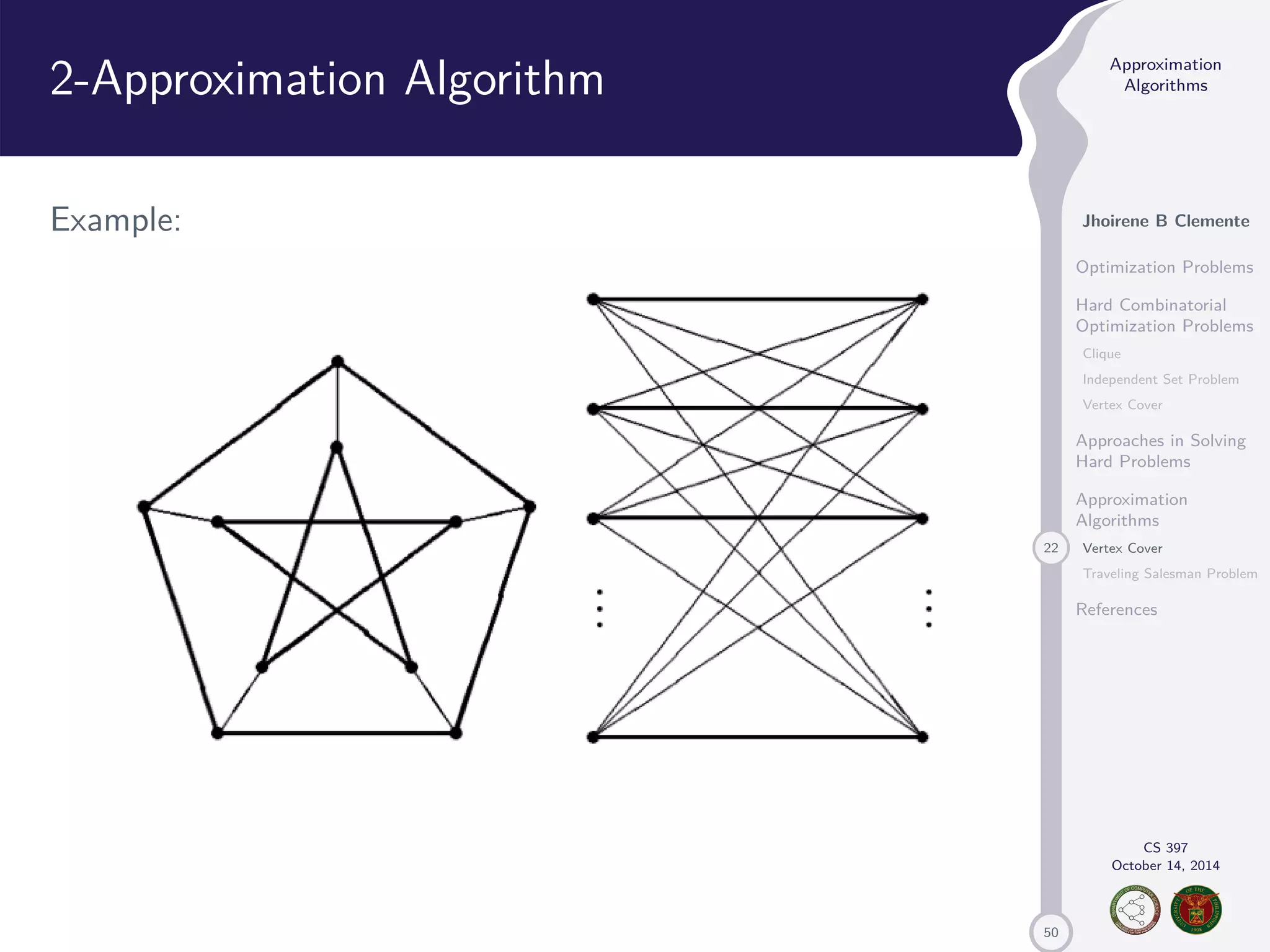 50 Approximation Algorithms Jhoirene B Clemente Optimization Problems Hard Combinatorial Optimization Problems Clique Independent Set Problem Vertex Cover Approaches in Solving Hard Problems Approximation Algorithms 22 Vertex Cover Traveling Salesman Problem References CS 397 October 14, 2014 2-Approximation Algorithm Example: 