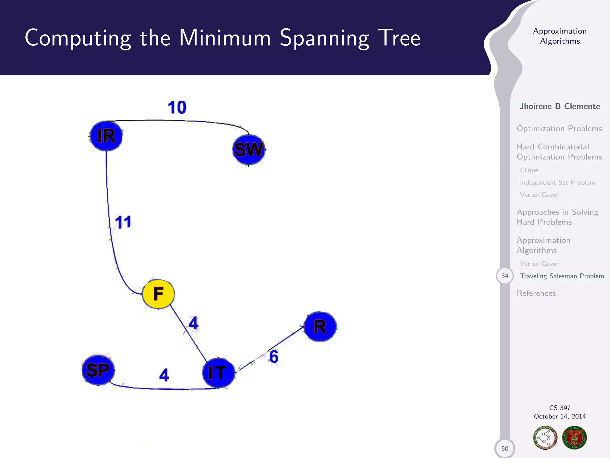 50 Approximation Algorithms Jhoirene B Clemente Optimization Problems Hard Combinatorial Optimization Problems Clique Independent Set Problem Vertex Cover Approaches in Solving Hard Problems Approximation Algorithms Vertex Cover 34 Traveling Salesman Problem References CS 397 October 14, 2014 Computing the Minimum Spanning Tree 