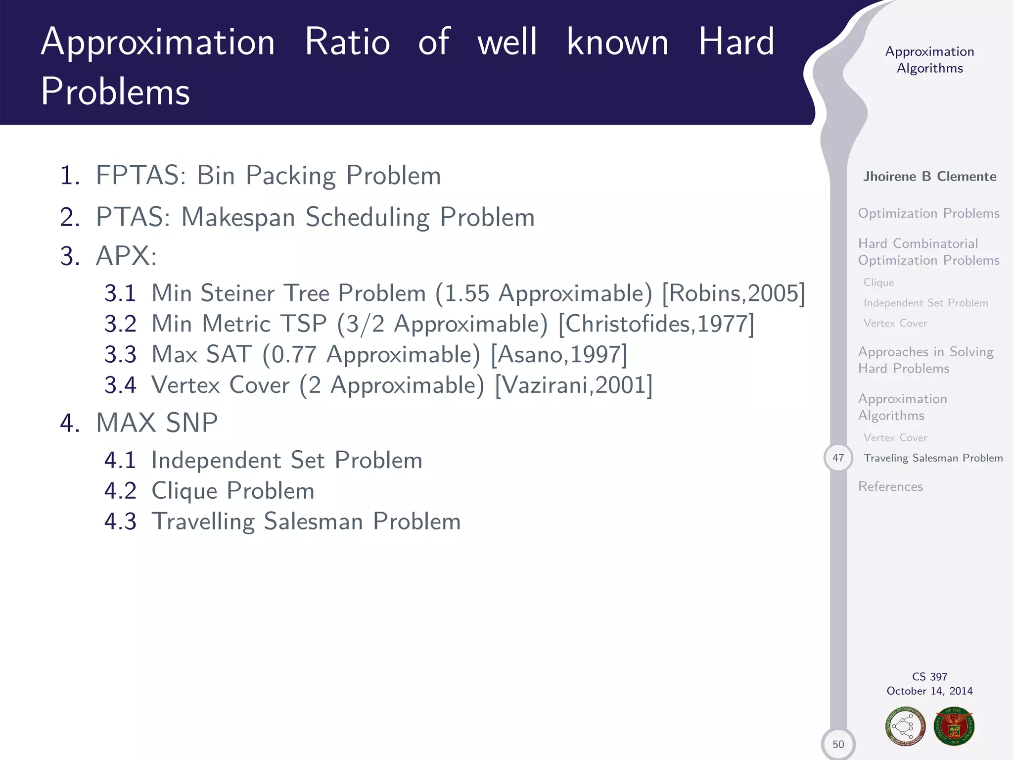 50 Approximation Algorithms Jhoirene B Clemente Optimization Problems Hard Combinatorial Optimization Problems Clique Independent Set Problem Vertex Cover Approaches in Solving Hard Problems Approximation Algorithms Vertex Cover 47 Traveling Salesman Problem References CS 397 October 14, 2014 Approximation Ratio of well known Hard Problems 1. FPTAS: Bin Packing Problem 2. PTAS: Makespan Scheduling Problem 3. APX: 3.1 Min Steiner Tree Problem (1.55 Approximable) [Robins,2005] 3.2 Min Metric TSP (3/2 Approximable) [Christofides,1977] 3.3 Max SAT (0.77 Approximable) [Asano,1997] 3.4 Vertex Cover (2 Approximable) [Vazirani,2001] 4. MAX SNP 4.1 Independent Set Problem 4.2 Clique Problem 4.3 Travelling Salesman Problem 