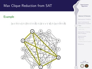 50 
Approximation 
Algorithms 
Jhoirene B Clemente 
Optimization Problems 
Hard Combinatorial 
Optimization Problems 
8 Clique 
Independent Set Problem 
Vertex Cover 
Approaches in Solving 
Hard Problems 
Approximation 
Algorithms 
Vertex Cover 
Traveling Salesman Problem 
References 
CS 397 
October 14, 2014 
Max Clique Reduction from SAT 
Example 
(a _ b _ c) ^ (b _ ¯c _ ¯d) ^ (¯a _ c _ d) ^ (a _¯b 
_ ¯d) 
 