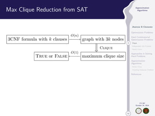 50 
Approximation 
Algorithms 
Jhoirene B Clemente 
Optimization Problems 
Hard Combinatorial 
Optimization Problems 
9 Clique 
Independent Set Problem 
Vertex Cover 
Approaches in Solving 
Hard Problems 
Approximation 
Algorithms 
Vertex Cover 
Traveling Salesman Problem 
References 
CS 397 
October 14, 2014 
Max Clique Reduction from SAT 
 