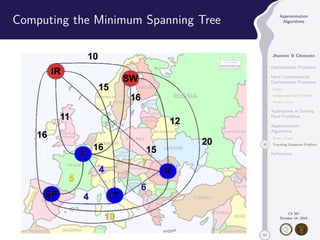 50 
Approximation 
Algorithms 
Jhoirene B Clemente 
Optimization Problems 
Hard Combinatorial 
Optimization Problems 
Clique 
Independent Set Problem 
Vertex Cover 
Approaches in Solving 
Hard Problems 
Approximation 
Algorithms 
Vertex Cover 
30 Traveling Salesman Problem 
References 
CS 397 
October 14, 2014 
Computing the Minimum Spanning Tree 
 