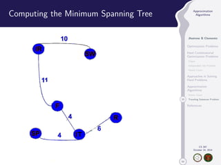 50 
Approximation 
Algorithms 
Jhoirene B Clemente 
Optimization Problems 
Hard Combinatorial 
Optimization Problems 
Clique 
Independent Set Problem 
Vertex Cover 
Approaches in Solving 
Hard Problems 
Approximation 
Algorithms 
Vertex Cover 
33 Traveling Salesman Problem 
References 
CS 397 
October 14, 2014 
Computing the Minimum Spanning Tree 
 