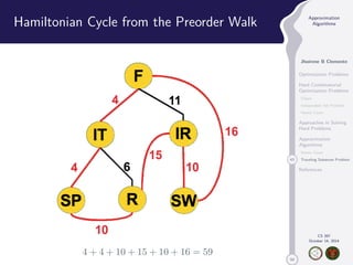 50 
Approximation 
Algorithms 
Jhoirene B Clemente 
Optimization Problems 
Hard Combinatorial 
Optimization Problems 
Clique 
Independent Set Problem 
Vertex Cover 
Approaches in Solving 
Hard Problems 
Approximation 
Algorithms 
Vertex Cover 
43 Traveling Salesman Problem 
References 
CS 397 
October 14, 2014 
Hamiltonian Cycle from the Preorder Walk 
4 + 4 + 10 + 15 + 10 + 16 = 59 
 