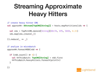 Streaming Approximate
Heavy Hitters
// create heavy hitter CMS
val approxHH: DStream[TopCMS[String]] = hosts.mapPartitions(ids => {
val cms = TopPctCMS.monoid[String](DELTA, EPS, SEED, 0.15)
ids.map(cms.create(_))
}).reduce(_ ++ _)
// analyze in microbatch
approxHH.foreachRDD(rdd => {
if (rdd.count() != 0) {
val hhThisBatch: TopCMS[String] = rdd.first
hhThisBatch.heavyHitters.foreach(println)
}
})
 