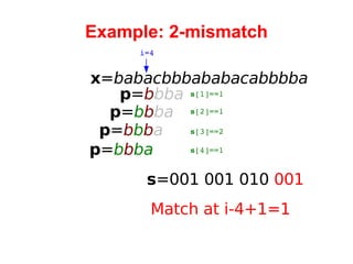 Example: 2-mismatch x = babacbbbababacabbbba i=4 p = b bba s =001  001 010  001 s [1]==1 p = b b ba p = b b b a p = b b ba s [2]==1 s [3]==2 s [4]==1 Match at i-4+1=1 