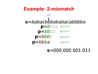 Example: 2-mismatch x = babacbbbababacabbbba i=7 p = b bba s =000  000 001 011 s [1]==0 p = bb ba p = b bb a p = bb b a s [2]==0 s [3]==1 s [4]==3 