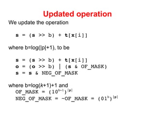 Updated operation We update the operation s  = ( s  >> b) +  t [ x [i]] where b=log(| p|+1), to  be s  = ( s  >> b) +  t [ x [i]] o  = ( o  >> b) | ( s  & OF_MASK) s  =  s  & NEG_OF_MASK where b=log( k +1)+1 and OF_MASK = (10 b-1 ) | p | NEG_OF_MASK = ~OF_MASK = (01 b ) | p | 