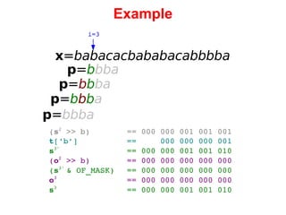 Example x = babacacbababacabbbba i=3 p = b bba p = b b ba p = b b b a p = bbba ( s 2  >> b) == 000 000 001 001 001 t ['b'] ==  000 000 000 001 s 3' == 000 000 001 001 010 ( o 2  >> b) == 000 000 000 000 000 ( s 3'  & OF_MASK) == 000 000 000 000 000 o 3 == 000 000 000 000 000 s 3 == 000 000 001 001 010 