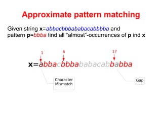 Approximate pattern matching Given string  x = abbacbbbababacabbbba  and  pattern  p = bbba  find all “almost”-occurrences of  p  ind  x x = a bba c bbba babacab b a bba 17 6 1 