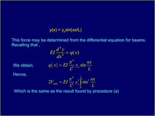 y(x) = y o sin( π x/L) This force may be determined from the differential equation for beams. Recalling that , We obtain, Hence, Which is the same as the result found by procedure (a) 