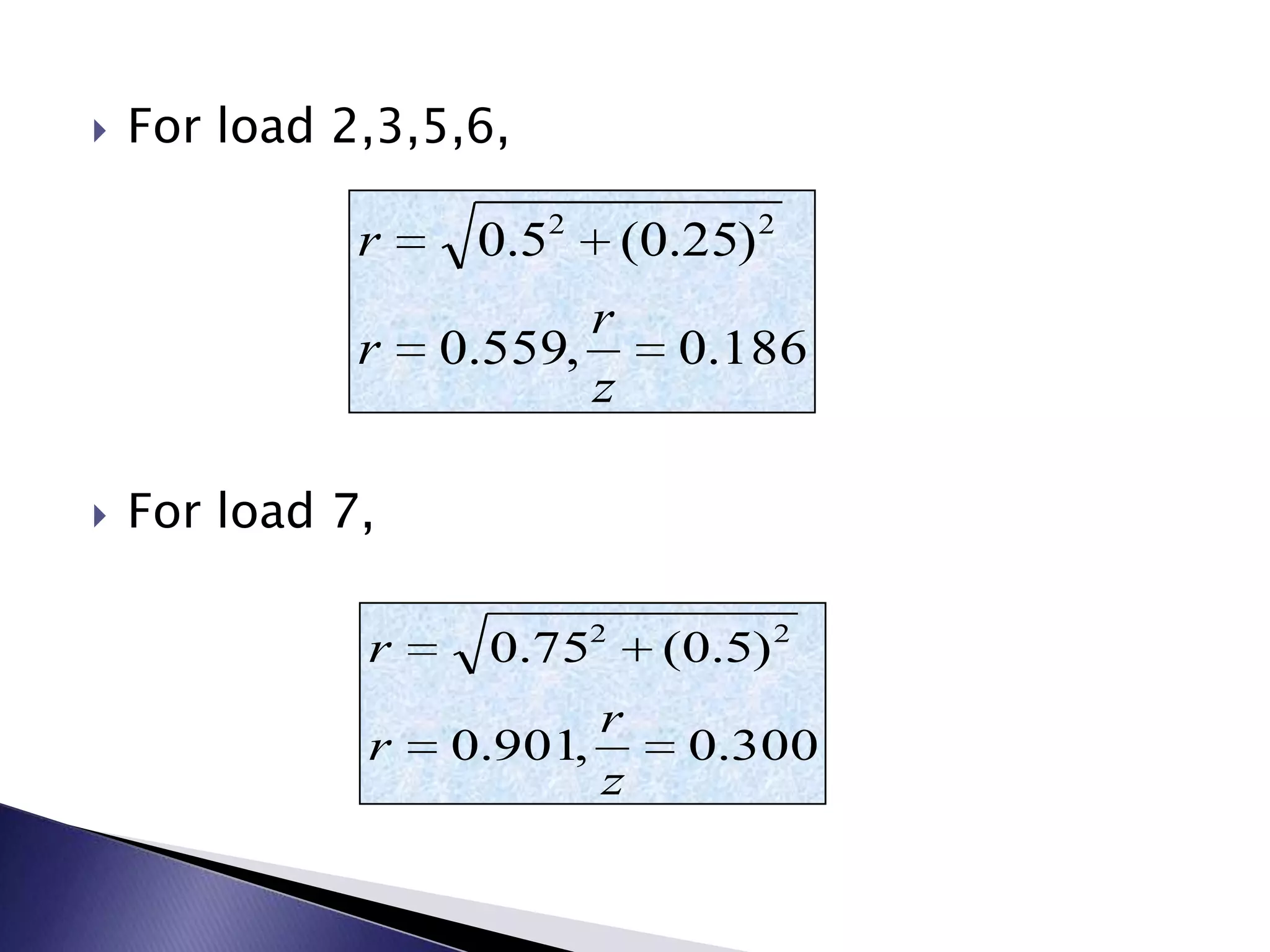    For load 2,3,5,6,

              r    0.52      (0.25) 2
                         r
              r   0.559,        0.186
                         z

   For load 7,

              r     0.752      (0.5) 2
                         r
              r   0.901,        0.300
                         z
 