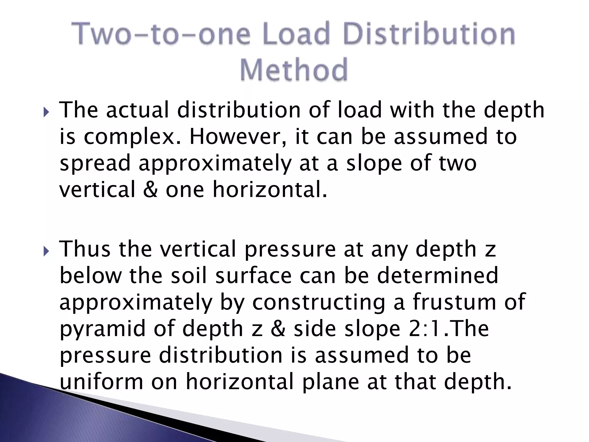   The actual distribution of load with the depth
    is complex. However, it can be assumed to
    spread approximately at a slope of two
    vertical & one horizontal.

   Thus the vertical pressure at any depth z
    below the soil surface can be determined
    approximately by constructing a frustum of
    pyramid of depth z & side slope 2:1.The
    pressure distribution is assumed to be
    uniform on horizontal plane at that depth.
 
