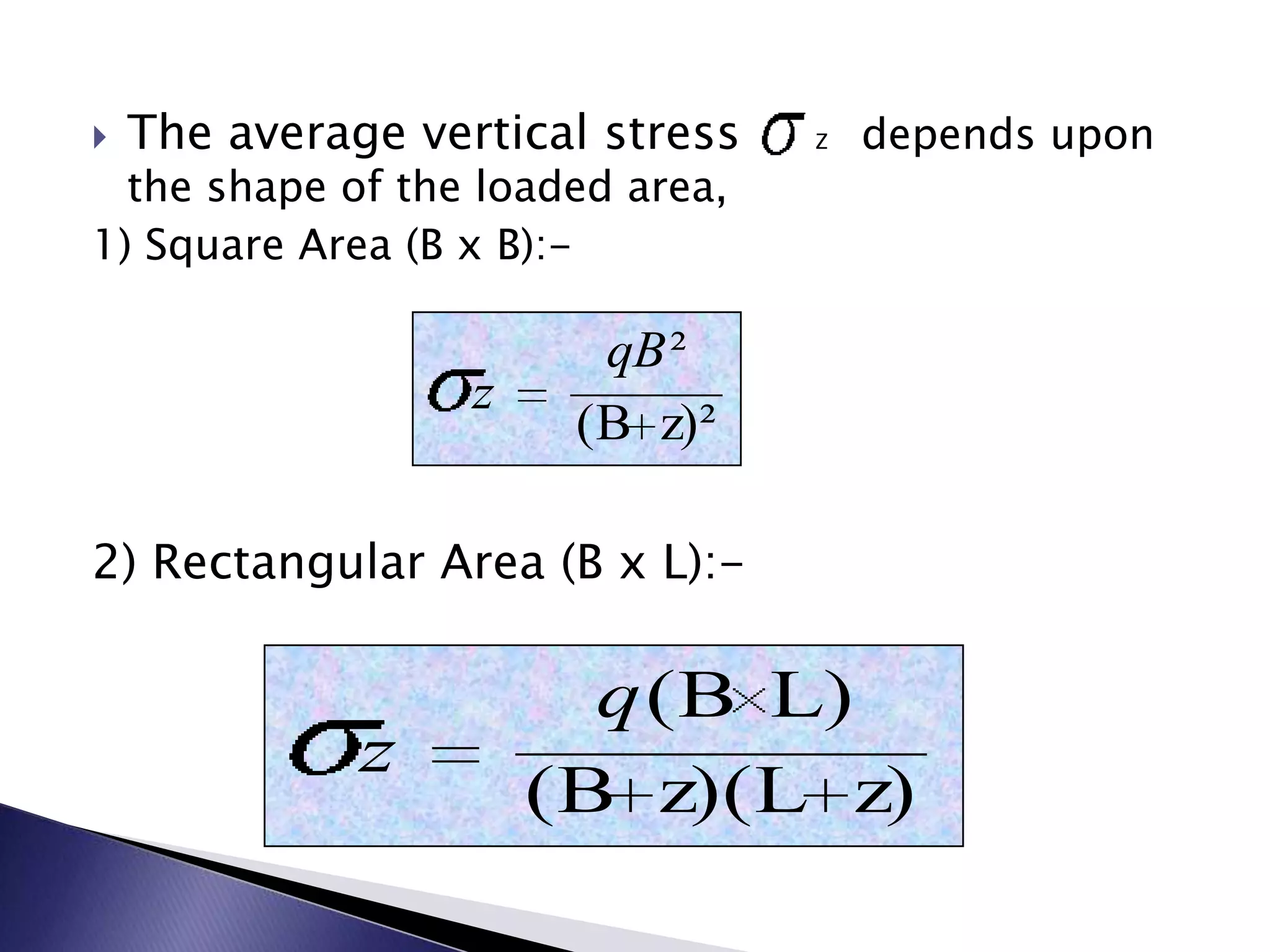    The average vertical stress   Z   depends upon
  the shape of the loaded area,
1) Square Area (B x B):-

                         qB ²
                   z
                        (B z)²

2) Rectangular Area (B x L):-

                         q (B L)
              z
                       (B z)(L z)
 