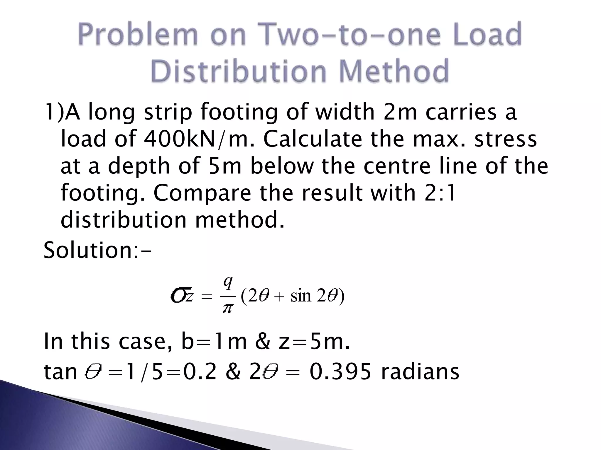 1)A long strip footing of width 2m carries a
 load of 400kN/m. Calculate the max. stress
 at a depth of 5m below the centre line of the
 footing. Compare the result with 2:1
 distribution method.
Solution:-
                q
            z       (2   sin 2 )

In this case, b=1m & z=5m.
tan =1/5=0.2 & 2 = 0.395 radians
 