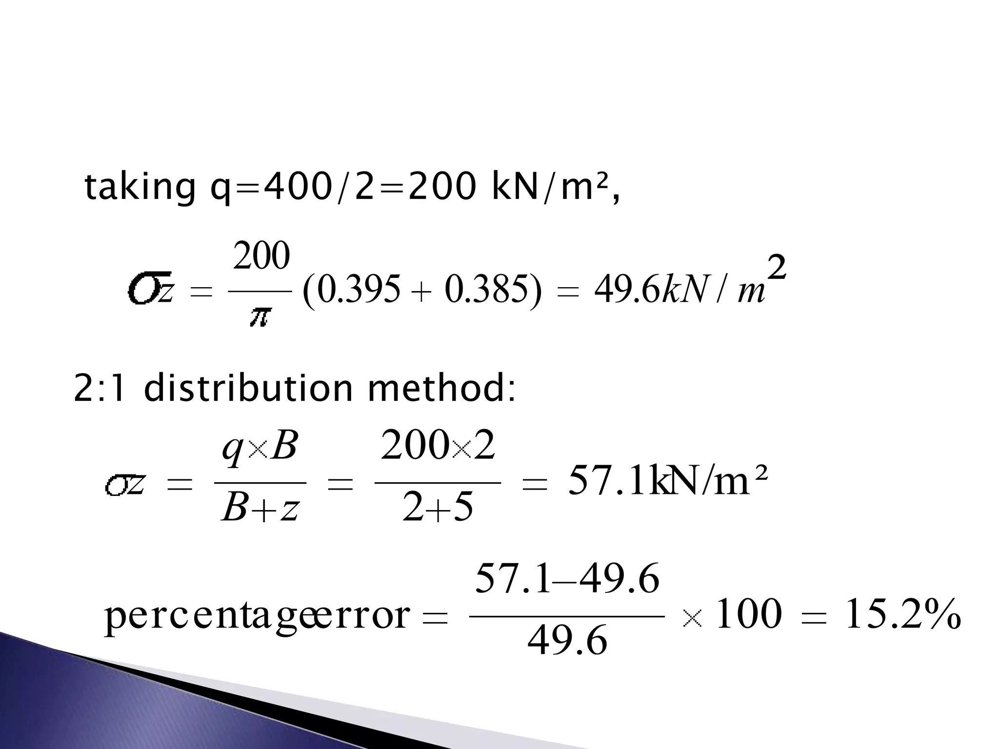taking q=400/2=200 kN/m²,
           200
       z         ( 0.395 0.385)    49.6kN / m   ²
2:1 distribution method:
           q B       200 2
   z                              57.1kN/m ²
           B z        2 5
                          57.1 49.6
 percentageerror                         100        15.2%
                             49.6
 