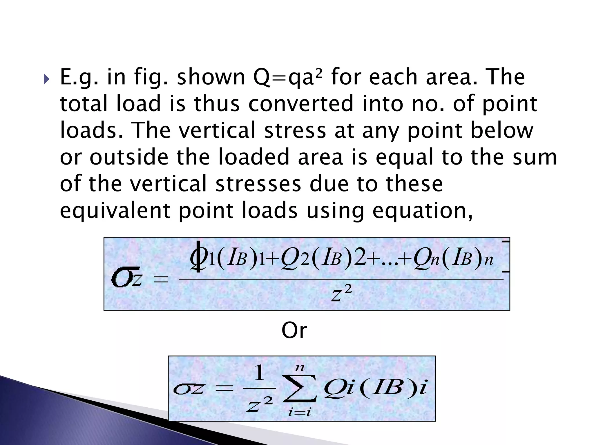    E.g. in fig. shown Q=qa² for each area. The
    total load is thus converted into no. of point
    loads. The vertical stress at any point below
    or outside the loaded area is equal to the sum
    of the vertical stresses due to these
    equivalent point loads using equation,

               Q1( IB )1 Q 2 ( IB ) 2 ... Qn ( IB ) n
          z
                                z²
                           Or
                            n
                      1
                z                Qi ( IB )i
                      z²   i i
 