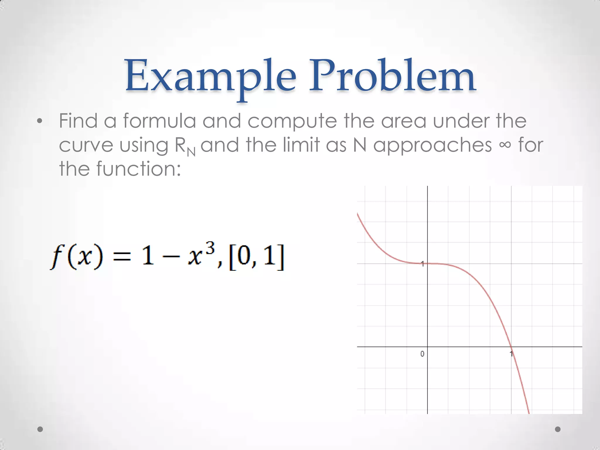 Example Problem
• Find a formula and compute the area under the
curve using RN and the limit as N approaches ∞ for
the function: