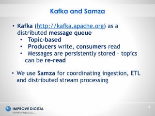 Copyright © 2014 Improve Digital - All Rights Reserved
8
Kafka and Samza
• Kafka (http://kafka.apache.org) as a
distribute...