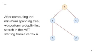 After computing the
minimum spanning tree ,
we perform a depth-first
search in the MST
starting from a vertex A.
16
 