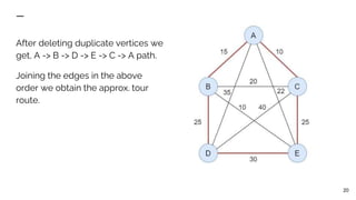 After deleting duplicate vertices we
get, A -> B -> D -> E -> C -> A path.
Joining the edges in the above
order we obtain the approx. tour
route.
20
 