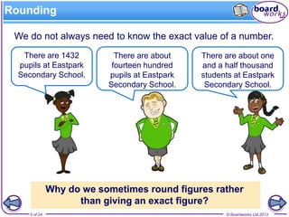 © Boardworks Ltd 20133 of 24
Rounding
We do not always need to know the exact value of a number.
There are about
fourteen hundred
pupils at Eastpark
Secondary School.
There are 1432
pupils at Eastpark
Secondary School.
There are about one
and a half thousand
students at Eastpark
Secondary School.
Why do we sometimes round figures rather
than giving an exact figure?
 