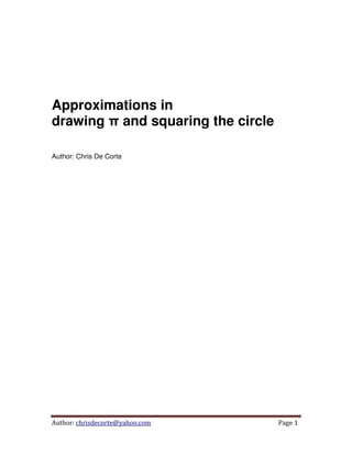 Elsevier Editorial System(tm) for Journal of Mathematical Analysis and Applications
Manuscript Draft
Manuscript Number:
Title: Approximations in drawing π and squaring the circle
Article Type: Regular Article
Section/Category: Miscellaneous
Keywords: Lindemann-Weierstrass, pi (π), squaring, circle, subset-sum problem, NP-complete, NP-
hard
Corresponding Author: Mr. Chris De Corte,
Corresponding Author's Institution: KAIZY BVBA
First Author: Chris De Corte
Order of Authors: Chris De Corte
Abstract: In this document, I will explain how one can theoretically draw π (pi), up to any desired
accuracy, using only a ruler and a compass.
Afterward, I will show the easiest way to approximate the squaring of a circle.
 