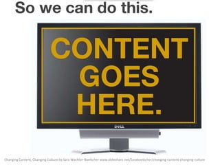 Changing Content, Changing Culture by Sara Wachter-Boettcher www.slideshare.net/Saraboettcher/changing-content-changing-culture

 