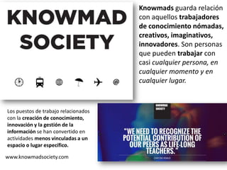 Knowmads guarda relación
con aquellos trabajadores
de conocimiento nómadas,
creativos, imaginativos,
innovadores. Son personas
que pueden trabajar con
casi cualquier persona, en
cualquier momento y en
cualquier lugar.

Los puestos de trabajo relacionados
con la creación de conocimiento,
innovación y la gestión de la
información se han convertido en
actividades menos vinculadas a un
espacio o lugar específico.
www.knowmadsociety.com

 