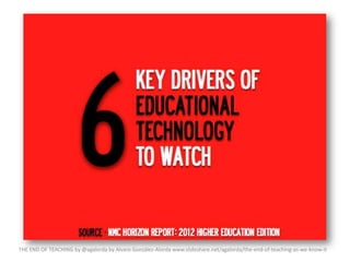 THE END OF TEACHING by @agalorda by Alvaro González-Alorda www.slideshare.net/agalorda/the-end-of-teaching-as-we-know-it

 