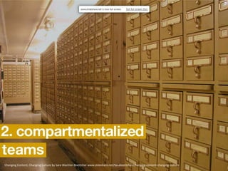 Changing Content, Changing Culture by Sara Wachter-Boettcher www.slideshare.net/Saraboettcher/changing-content-changing-culture

 