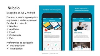 Nubelo
Disponible en iOS y Android
Empezar a usar la app requiere
registrarse o iniciar sesión con
Facebook o LinkedIn
 Nombre
 Apellidos
 Email
 Contraseña
 País
Preferencias de búsqueda
 Palabras clave
 Localización
Actualizado: 2 de junio de 2016
 