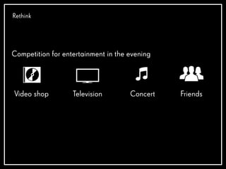 Rethink
Competition for entertainment in the evening
Concert FriendsTelevisionVideo shop
 