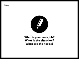 What is your main job?
What is the situation?
What are the needs?
Write
 