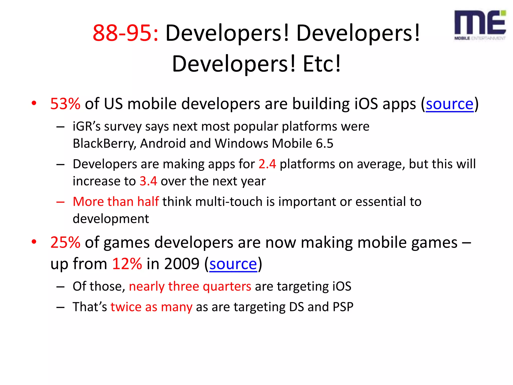88-95: Developers! Developers! Developers! Etc!53% of US mobile developers are building iOS apps (source)iGR’s survey says next most popular platforms were BlackBerry, Android and Windows Mobile 6.5Developers are making apps for 2.4 platforms on average, but this will increase to 3.4 over the next yearMore than half think multi-touch is important or essential to development25% of games developers are now making mobile games – up from 12% in 2009 (source)Of those, nearly three quarters are targeting iOSThat’s twice as many as are targeting DS and PSP