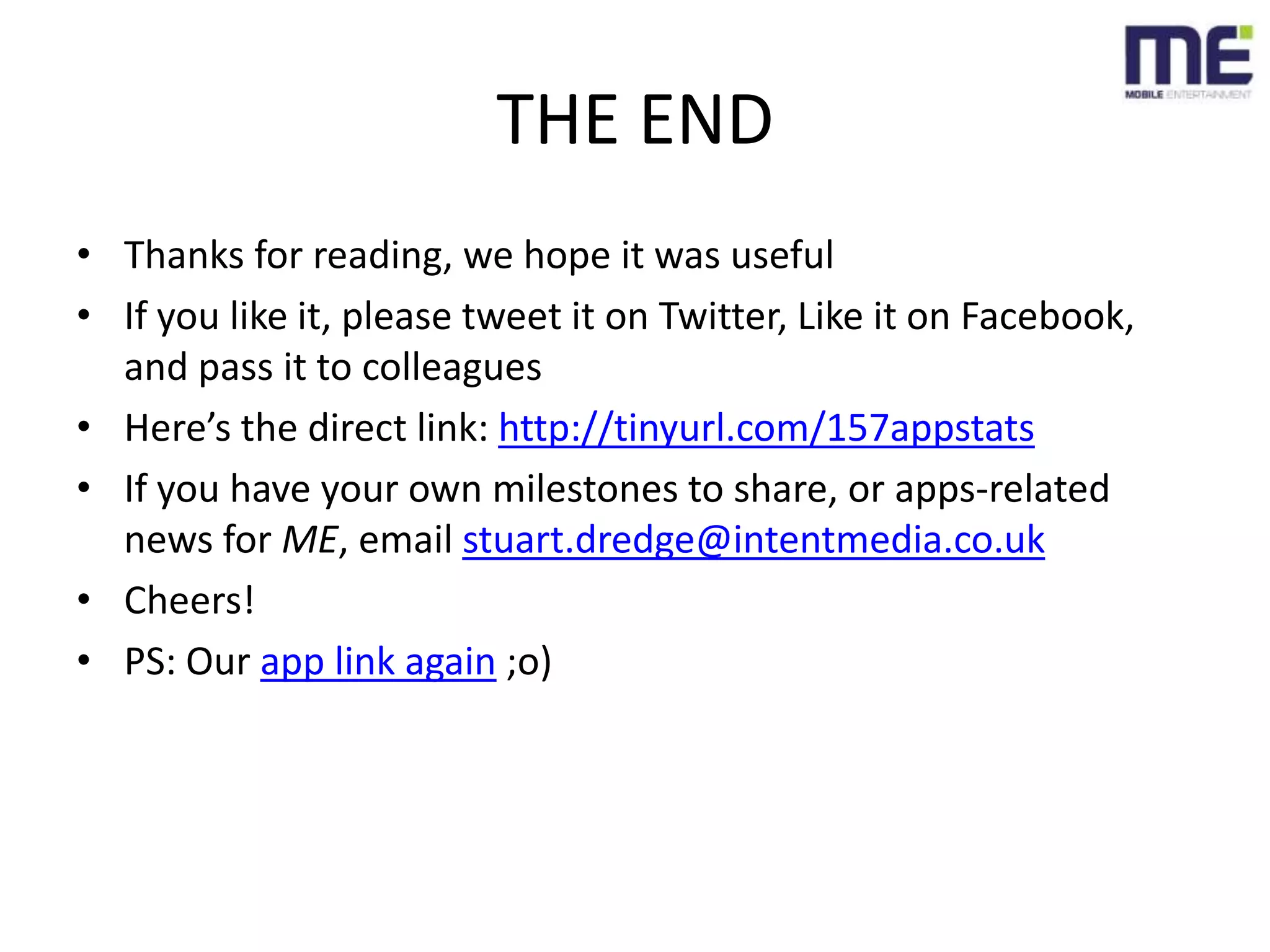 THE ENDThanks for reading, we hope it was usefulIf you like it, please tweet it on Twitter, Like it on Facebook, and give us a Digg!Here’s the direct link: http://tinyurl.com/157appstatsIf you have your own milestones to share, or apps-related news for ME, email stuart.dredge@intentmedia.co.ukCheers!PS: Our app link again– and www.twitter.com/mobileentbiz