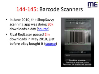 144-145: Barcode Scanners<br />In June 2010, the ShopSavvy scanning app was doing 80k downloads a day (source)<br />Rival ...
