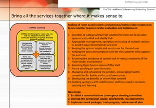 AARNet Copyright 2011


                                                                                             **ACSS - AARNet Conferencing Scheduling System


Bring all the services together where it makes sense to
              2008-
              2010
                                                   Making	
  all	
  room	
  based	
  systems	
  and	
  personal/mobile	
  video	
  systems	
  talk	
  
                 AARNet 3 network                  to	
  one	
  another	
  requires	
  careful	
  evalua5on	
  and	
  decisions	
  on	
  
                                                   	
  
    AARNet UC eXchange for video calls and
       new and integrated services (New:           1.  Selec$on	
  of	
  Gateways/traversal	
  solu$ons	
  to	
  reach	
  out	
  to	
  all	
  video	
  
    community directory, 3rd party & federated
              presence services)
                                                         systems	
  across	
  IPv4	
  and	
  ideally	
  IPv6	
  
      Interoperable         Migration of Cisco/
                                                   2.  Appropriate	
  management,	
  opera$on	
  and	
  scaling	
  of	
  mul$ple	
  services	
  
      TelePresence               Polycom
                              Conferencing,
                                                         to	
  avoid	
  N-­‐squared	
  complexity	
  and	
  cost	
  
     Services (multi-
      vendor, multi         Record, Streaming
                            platforms to lower
                                                   3.  Keeping	
  the	
  system	
  simple	
  and	
  easy	
  to	
  use	
  for	
  the	
  end	
  user	
  
     device + scale)         cost hardware or
                              cloud services
                                                   4.  Keeping	
  the	
  costs	
  and	
  complexity	
  low	
  for	
  the	
  customer	
  who	
  supports	
  
       Mobile video        Extension of Global
                                                         the	
  end	
  user	
  	
  
     services platform
     and gateway with
                              VoIP/Video SIP
                           services, with mobile
                                                   5.  Balancing	
  the	
  avoidance	
  of	
  vendor	
  lock	
  in	
  versus	
  complexity	
  of	
  the	
  
    other services via a
     secure, scalable.
                              application and
                                  Unified
                                                         mul$-­‐vendor	
  environment	
  
        Manageable
     platform) iSee on
                             Communications
                            convergence with
                                                   6.  Balancing	
  Open	
  Source	
  versus	
  oﬀ	
  the	
  shelf	
  
           html5?              other services      7.  Future	
  prooﬁng	
  on	
  open	
  standards	
  
                                                   8.  Managing	
  and	
  inﬂuencing	
  the	
  vendors,	
  encouraging	
  healthy	
  
                                                         compe$$on	
  for	
  be[er	
  products	
  at	
  lower	
  prices	
  
                                                   9.  Showcasing	
  the	
  beneﬁts	
  of	
  the	
  AARNet	
  network	
  
                                                   10. Enabling	
  synergies	
  with	
  collabora$on	
  plahorms	
  used	
  in	
  research,	
  
                                                         teaching	
  and	
  learning	
  

                                                   Next	
  steps:	
  
                                                   1.	
  Establish	
  a	
  communica5ons	
  convergence	
  steering	
  commiHee	
  
                                                   2.	
  Develop	
  the	
  overall	
  plan	
  (scope,	
  cost/beneﬁt,	
  risk	
  assessment)	
  
                                                   3.	
  Implement	
  work	
  packages,	
  track	
  progress,	
  review	
  overall	
  plan	
  
 
