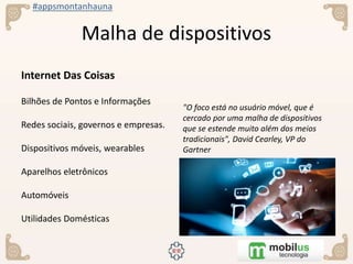 #appsmontanhauna
Malha de dispositivos
Internet Das Coisas
Bilhões de Pontos e Informações
Redes sociais, governos e empresas.
Dispositivos móveis, wearables
Aparelhos eletrônicos
Automóveis
Utilidades Domésticas
"O foco está no usuário móvel, que é
cercado por uma malha de dispositivos
que se estende muito além dos meios
tradicionais", David Cearley, VP do
Gartner
 
