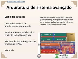 #appsmontanhauna
Arquitetura de sistema avançado
Viabilidades físicas
Demandas intensas de
arquitetura de computação
Arquitetura neuromórfica ultra
eficiente e de alta potência
Matrizes de Portas Programáveis
em Campo (FPGA)
Materiais
FPGA é um circuito integrado projetado
para ser configurado por um consumidor
ou projetista após a fabricação – de onde
advém "programável em campo"
 