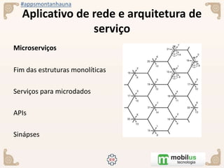 #appsmontanhauna
Aplicativo de rede e arquitetura de
serviço
Microserviços
Fim das estruturas monolíticas
Serviços para microdados
APIs
Sinápses
 