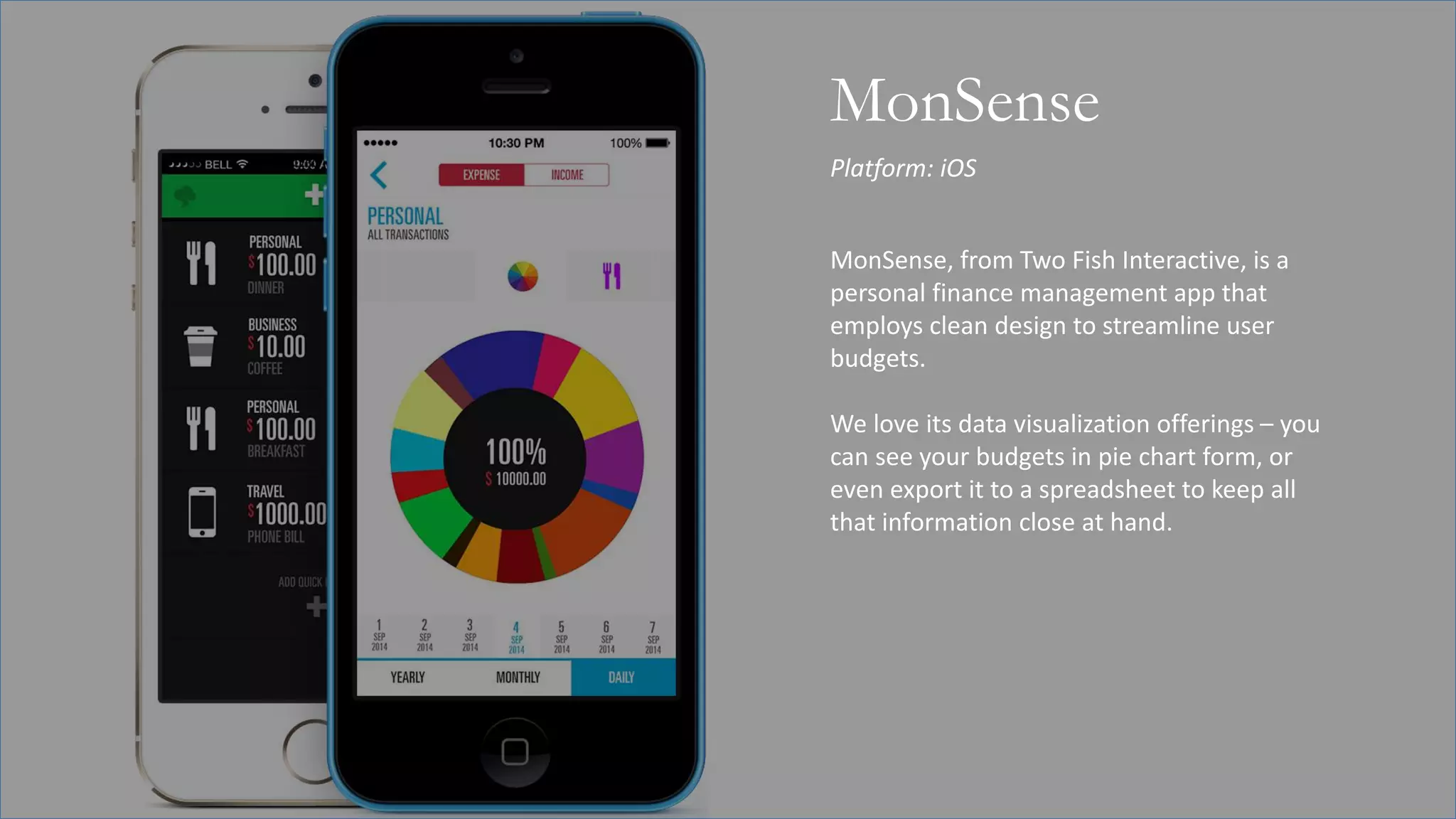Platform: iOS
MonSense
MonSense, from Two Fish Interactive, is a
personal finance management app that
employs clean design to streamline user
budgets.
We love its data visualization offerings – you
can see your budgets in pie chart form, or
even export it to a spreadsheet to keep all
that information close at hand.
 