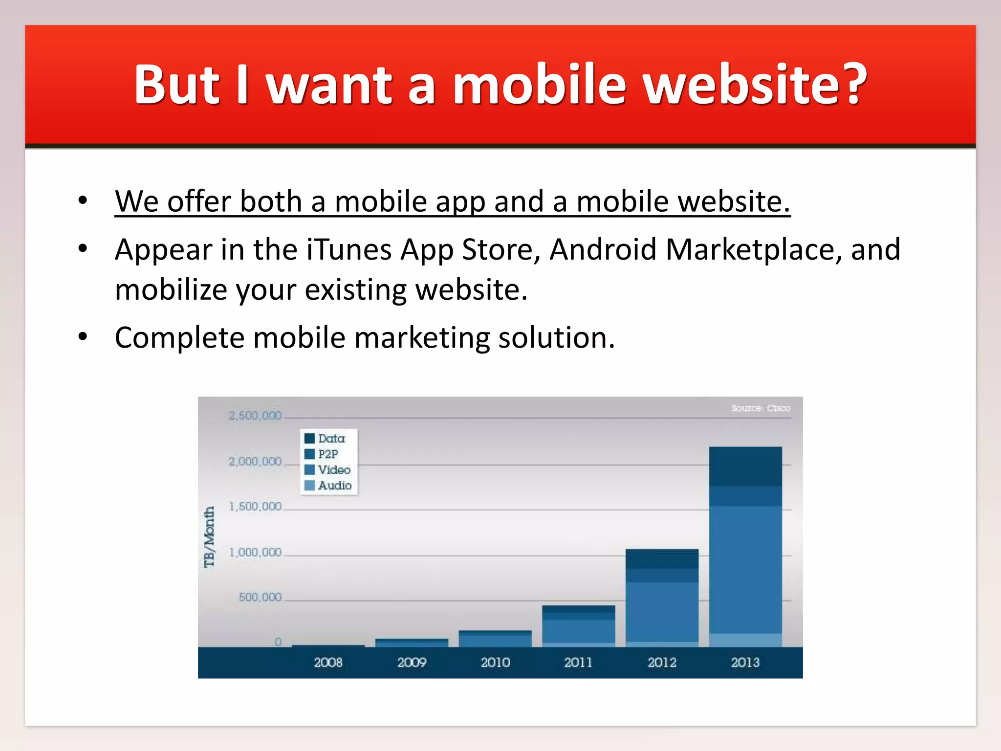 But I want a mobile website?
• We offer both a mobile app and a mobile website.
• Appear in the iTunes App Store, Android Marketplace, and
mobilize your existing website.
• Complete mobile marketing solution.

 