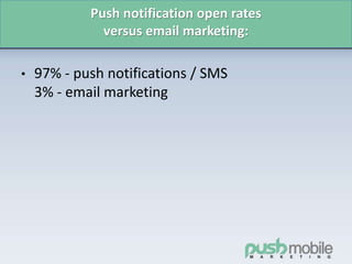Push notification open rates
versus email marketing:
• 97% - push notifications / SMS
3% - email marketing
 
